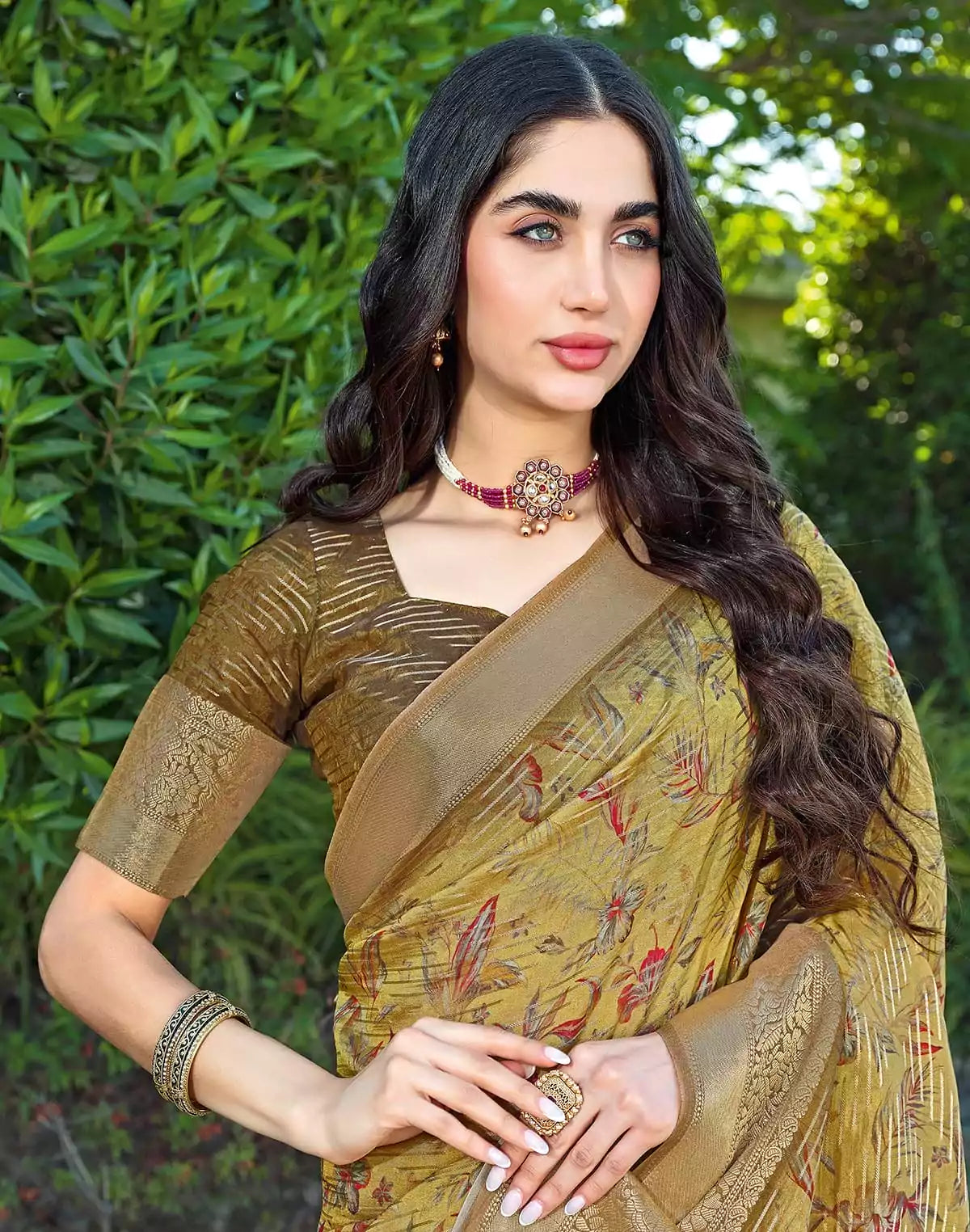 Image of Digital Foral Print Light Yellow Dola Silk Saree