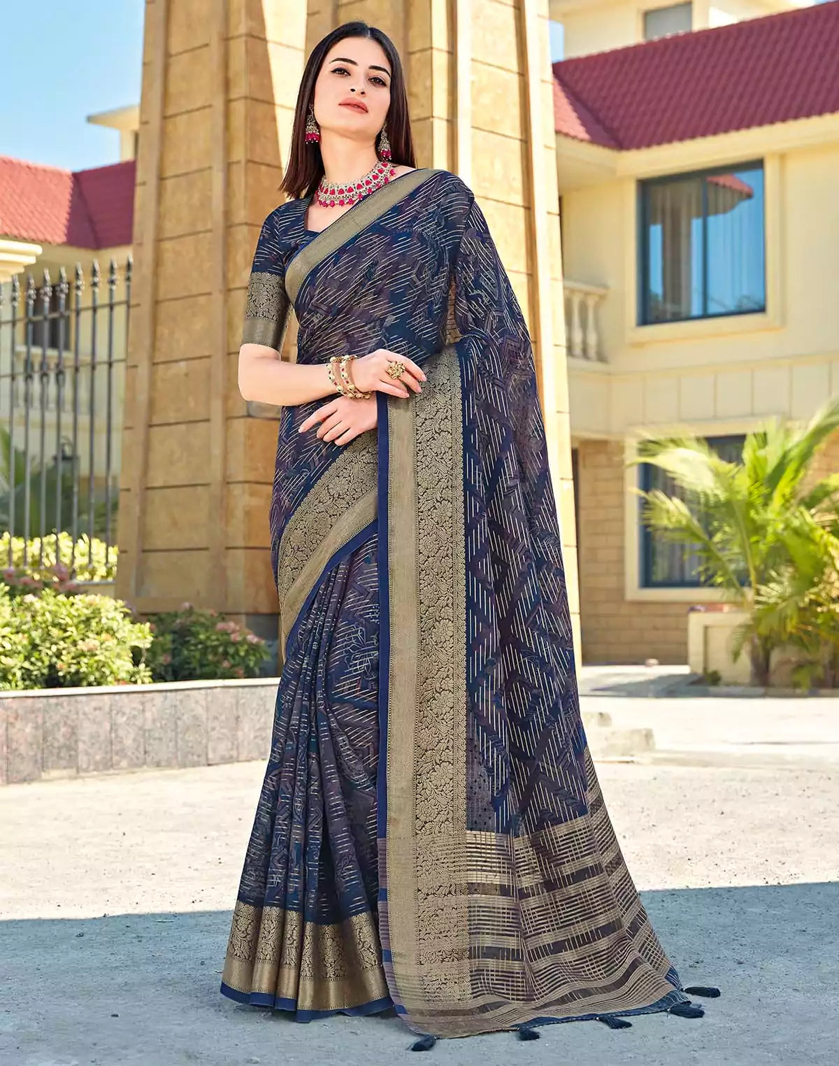 Image of Beautiful Navy Blue Coloured Dola Silk Fancy Saree