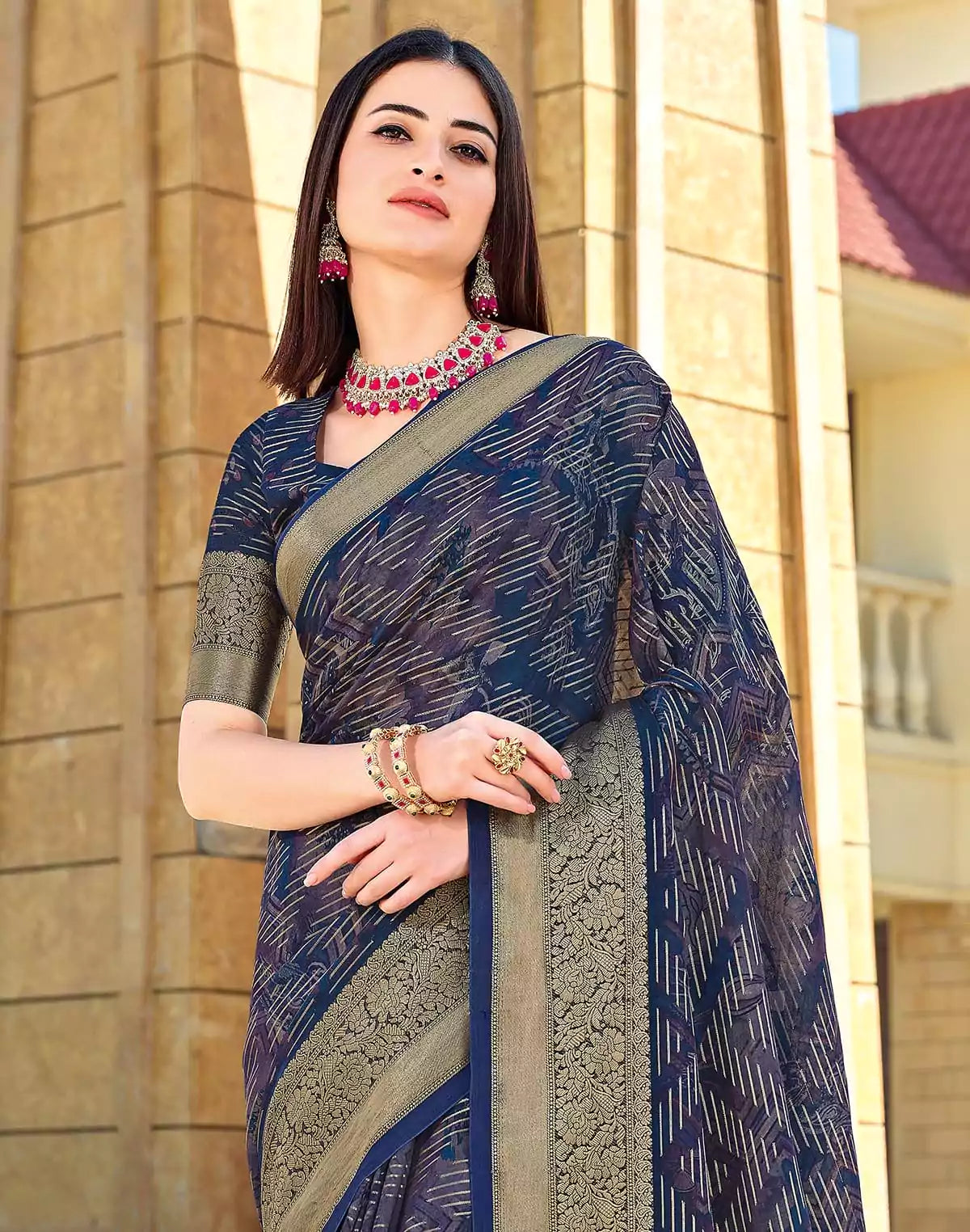 Image of Beautiful Navy Blue Coloured Dola Silk Fancy Saree