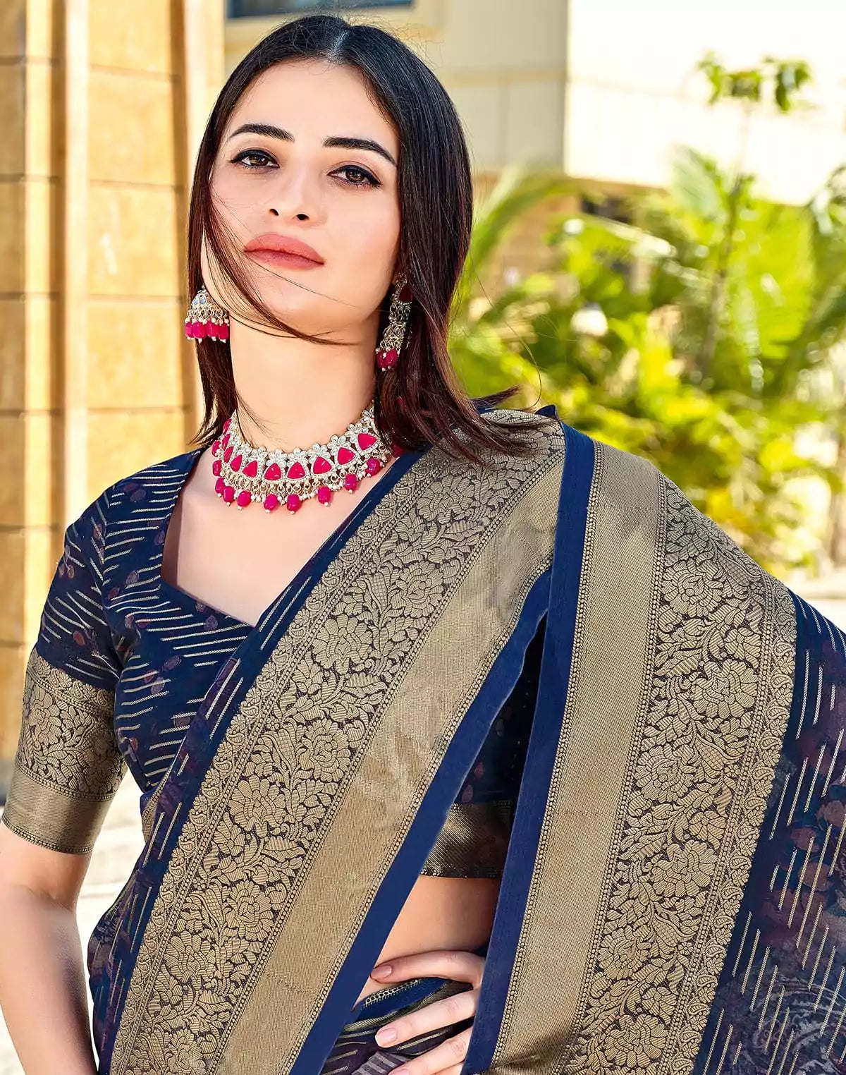 Image of Beautiful Navy Blue Coloured Dola Silk Fancy Saree