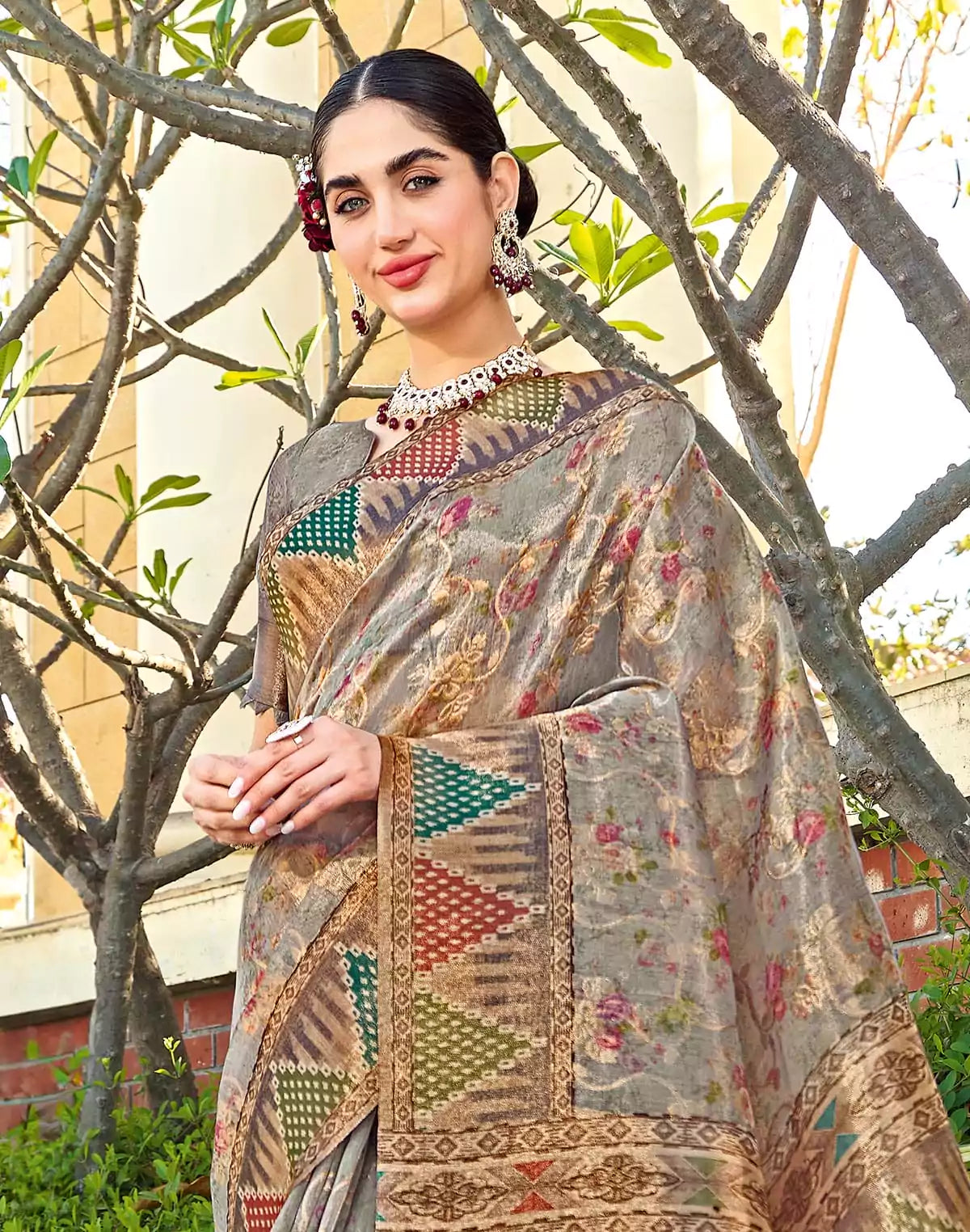 Image of Digital Printed Grey Tissue Saree