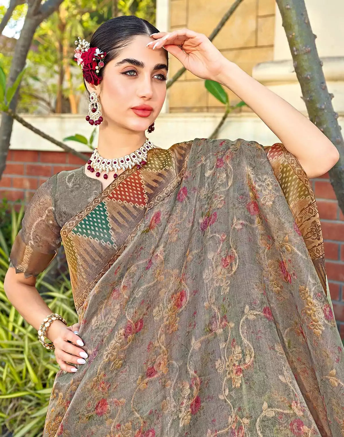 Image of Digital Printed Grey Tissue Saree