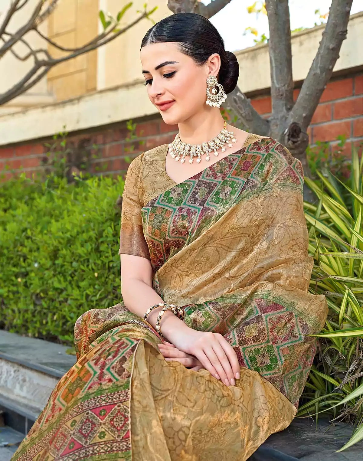 Image of Gold all over Self Floral Print Tissue Saree