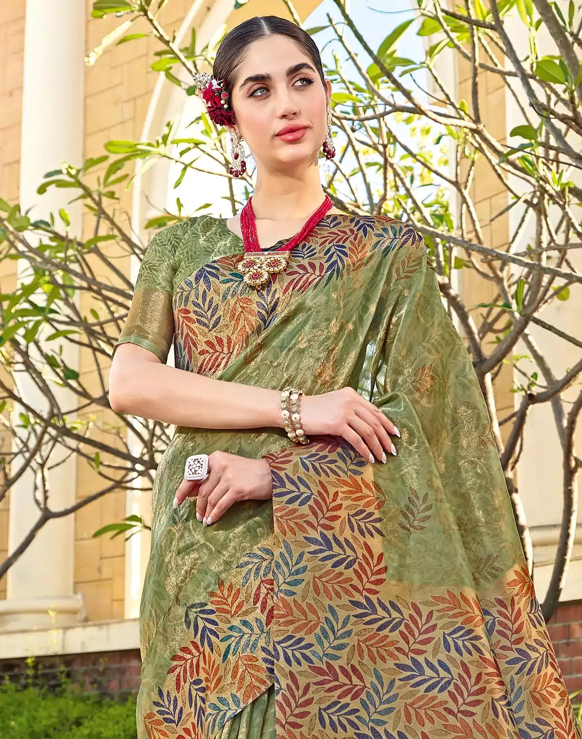 Image of Green Tissue Party Wear Saree