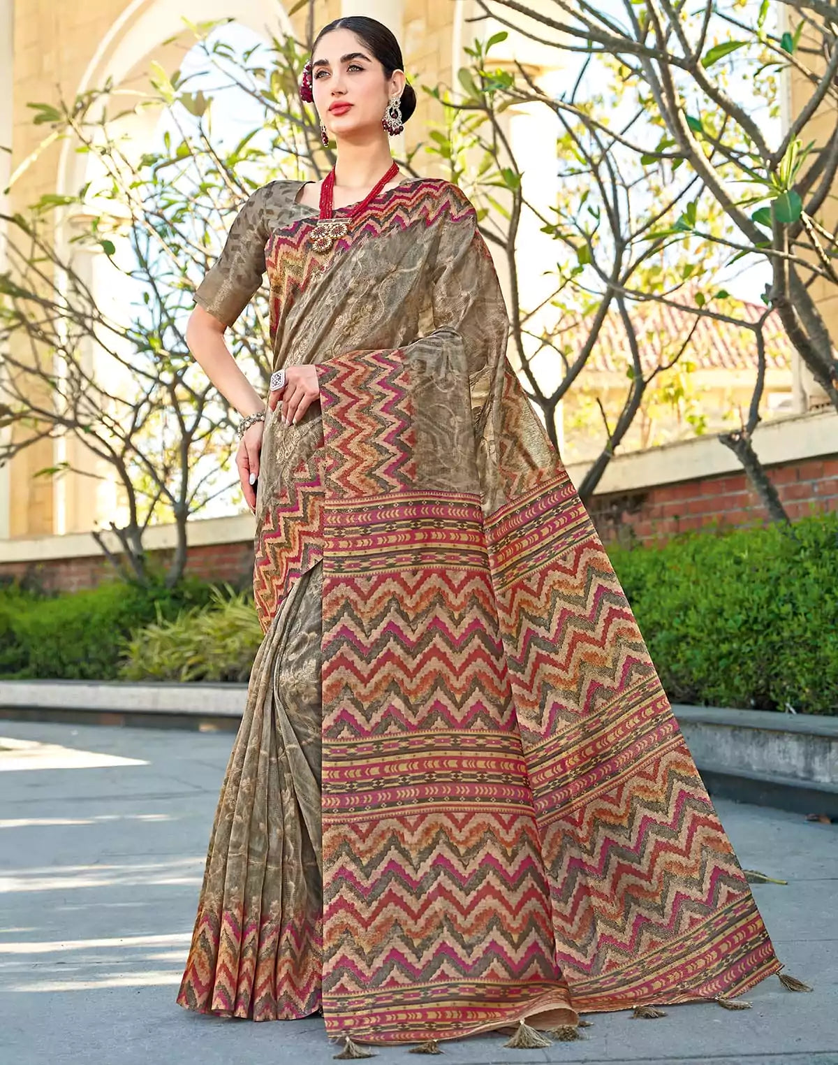 Image of Light Brown Tissue Designer Saree