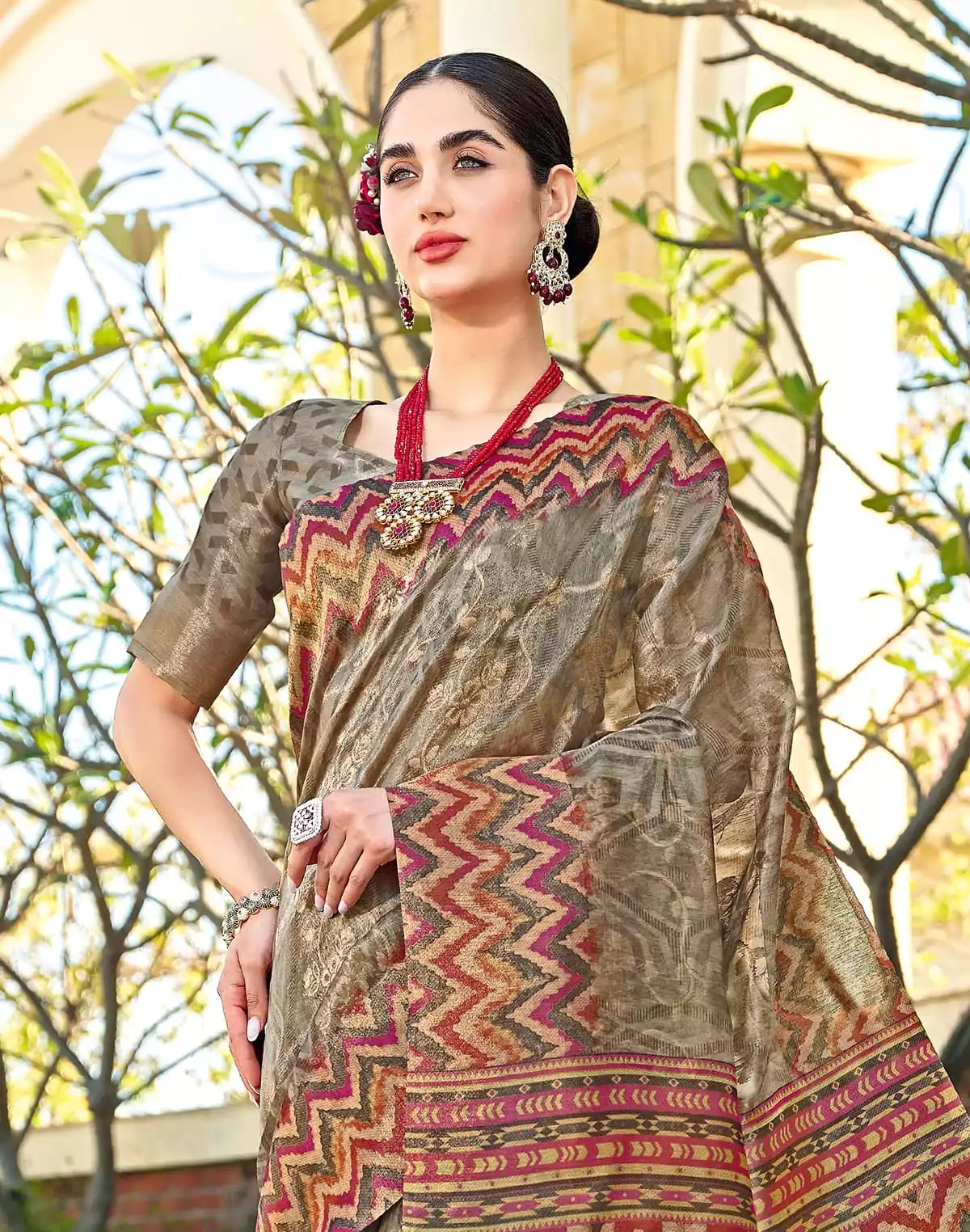 Image of Light Brown Tissue Designer Saree