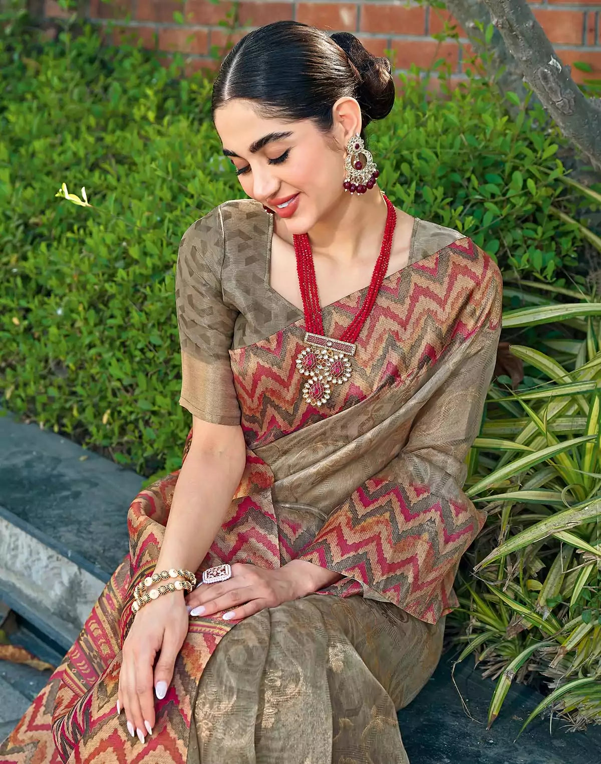 Image of Light Brown Tissue Designer Saree