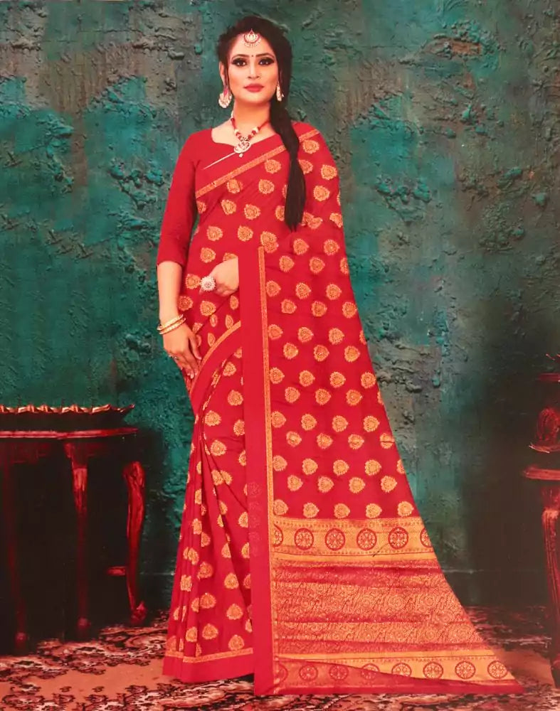 Image of Red Botanical Stones Work Banaras Fancy Saree
