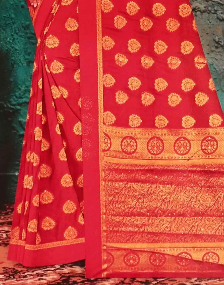 Image of Red Botanical Stones Work Banaras Fancy Saree