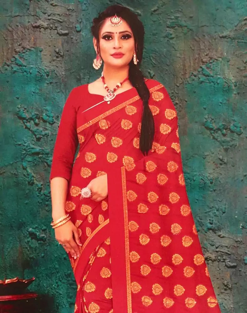 Image of Red Botanical Stones Work Banaras Fancy Saree