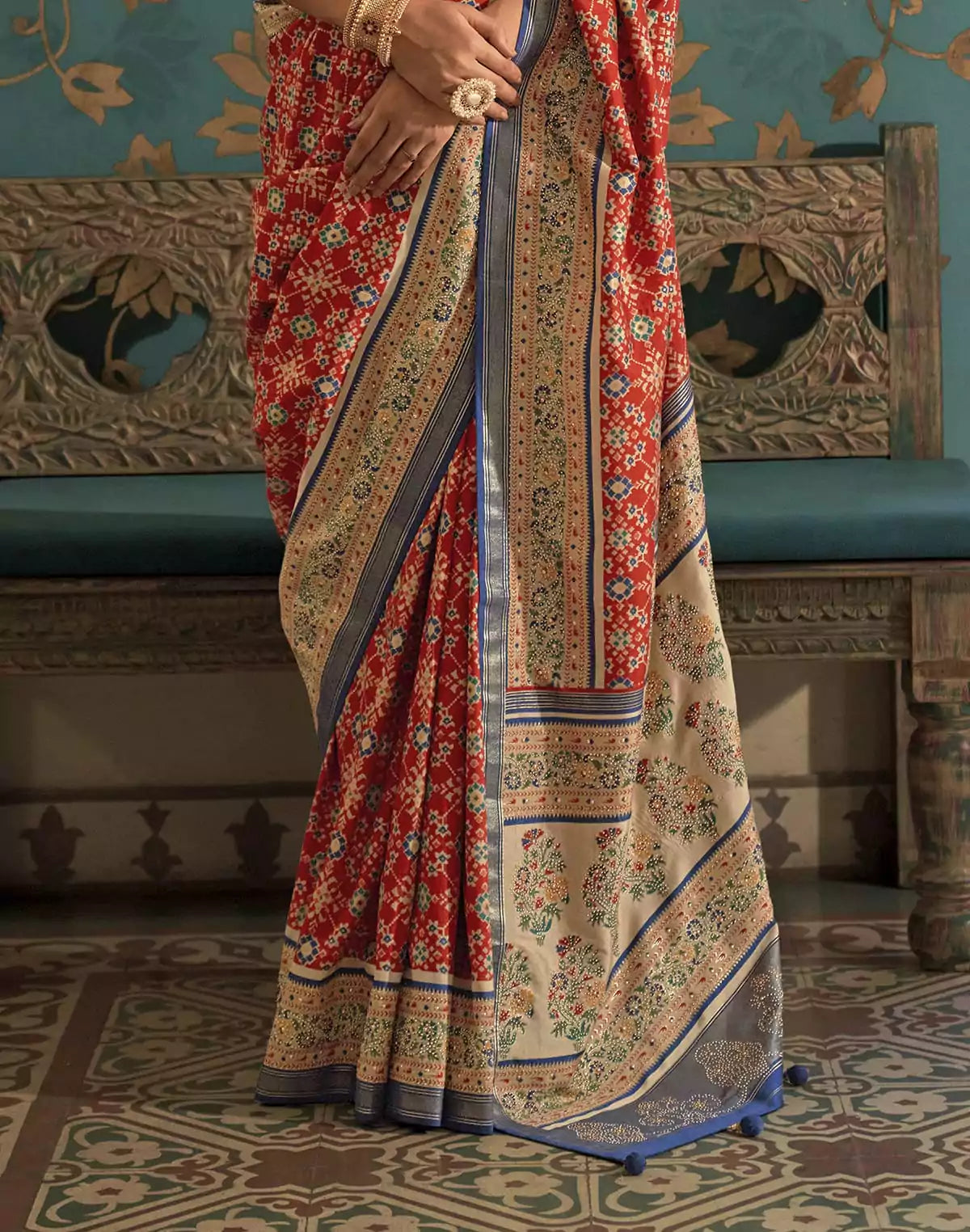 Image of Dark Orange Ikat Print Soft Patola Silk Saree