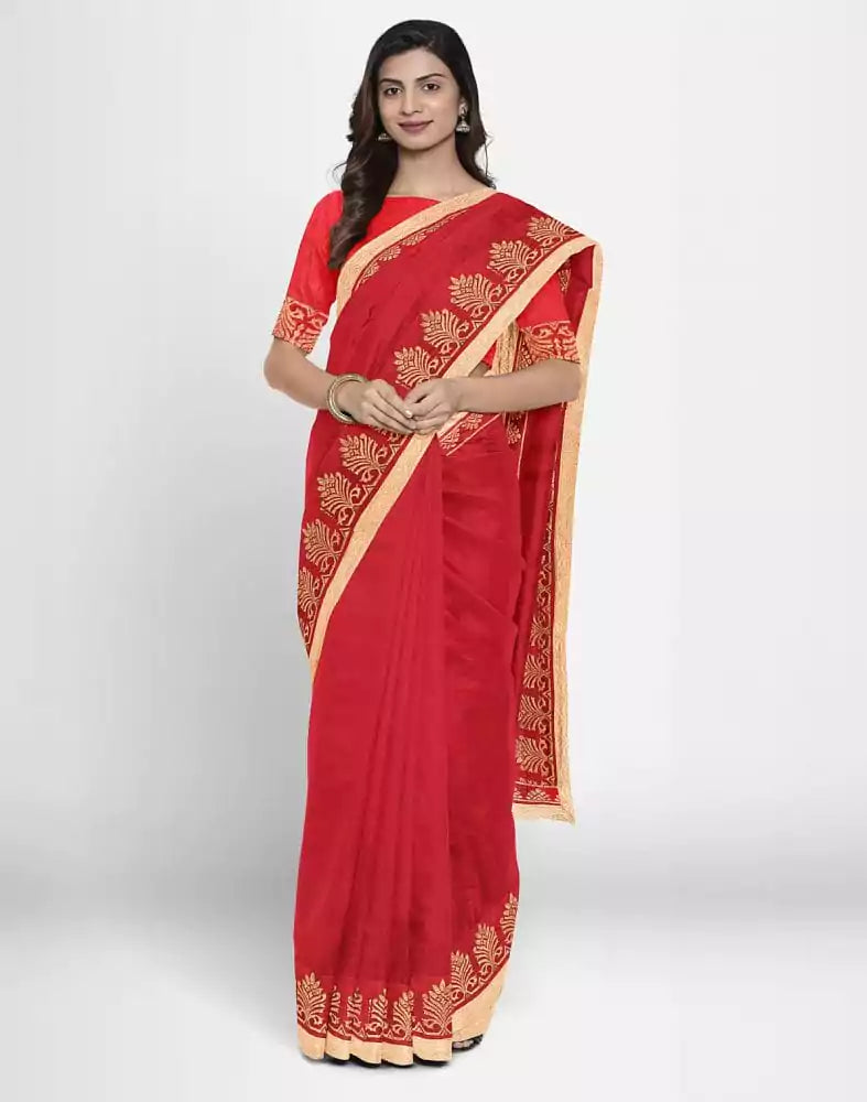 Image of Red Coloured Plain Crape Saree