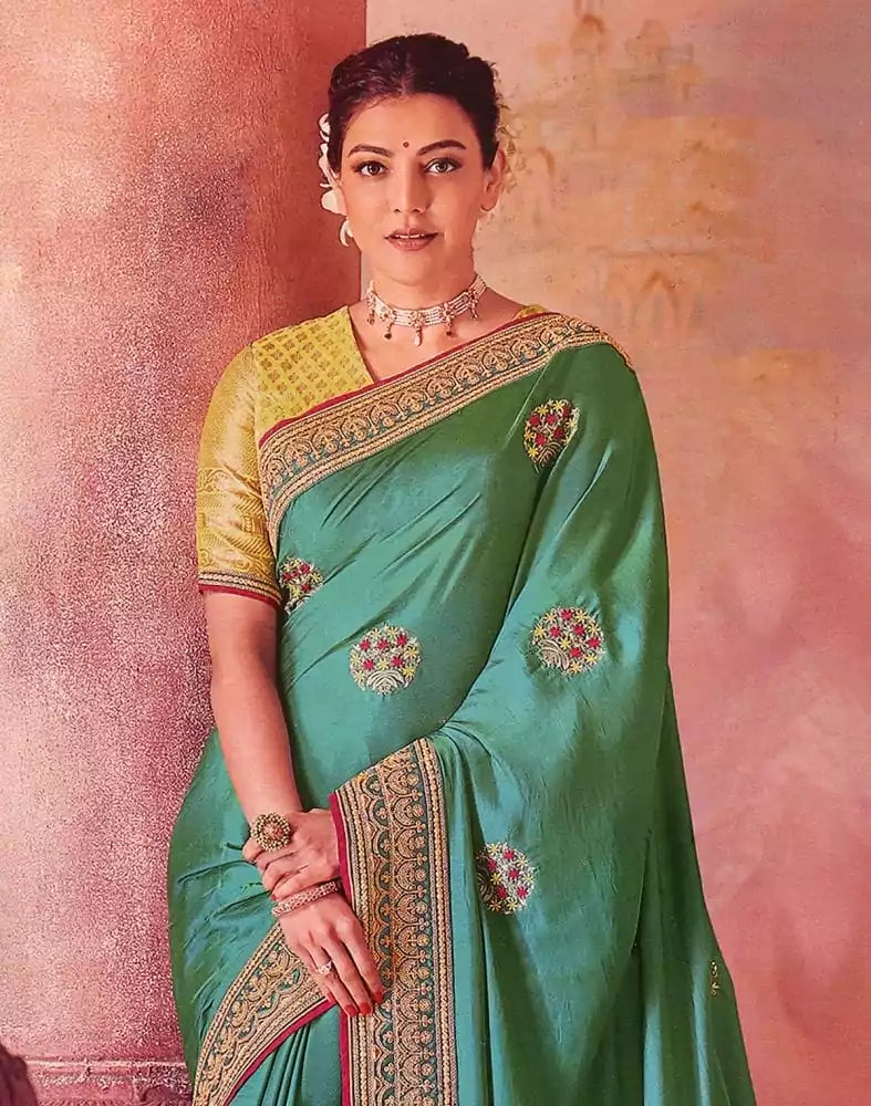 Image of Green Floral Embroidery work Satin Saree