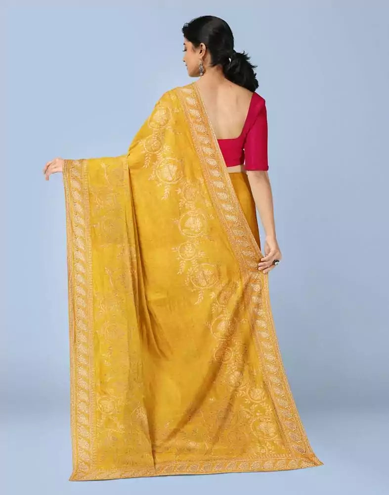 Image of Yellow Floral Embroidery work Raw Silk Saree