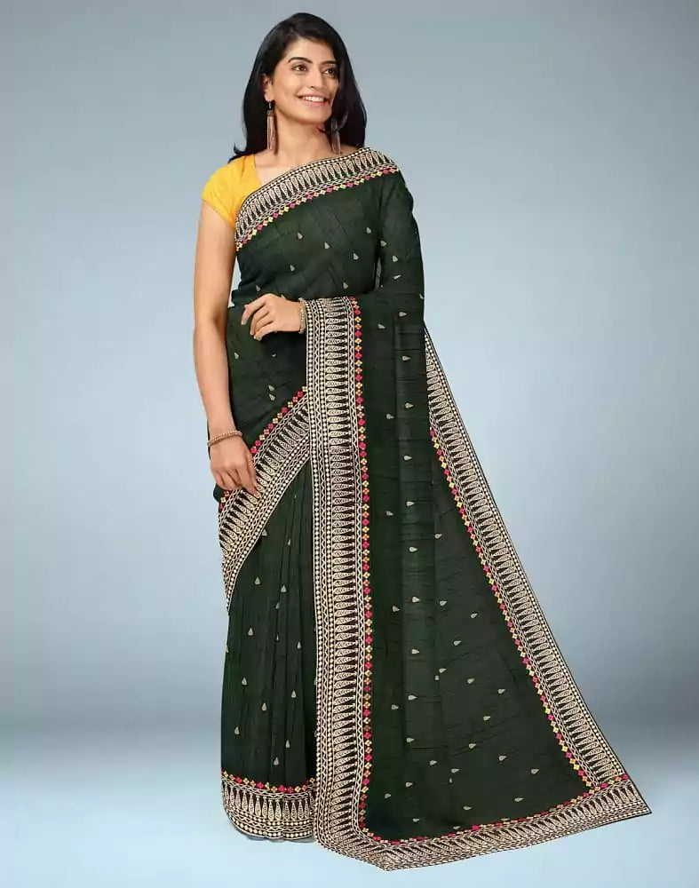 Image of Dark Green Butta Raw Silk Saree