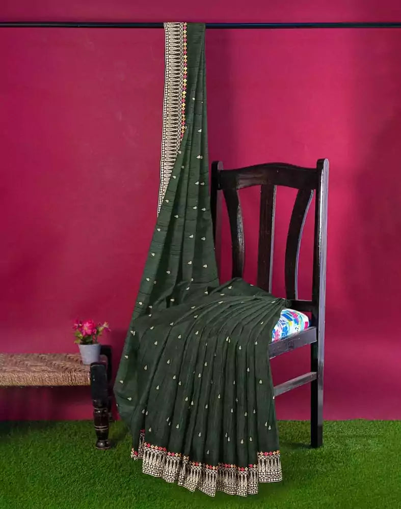 Image of Dark Green Butta Raw Silk Saree