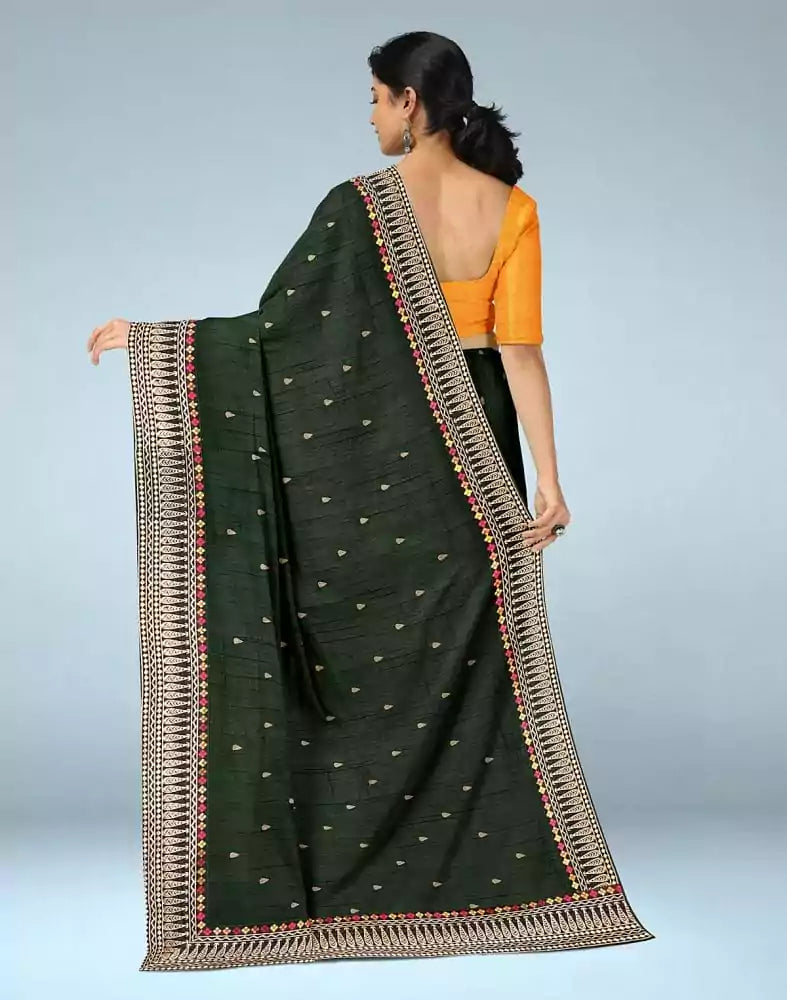 Image of Dark Green Butta Raw Silk Saree