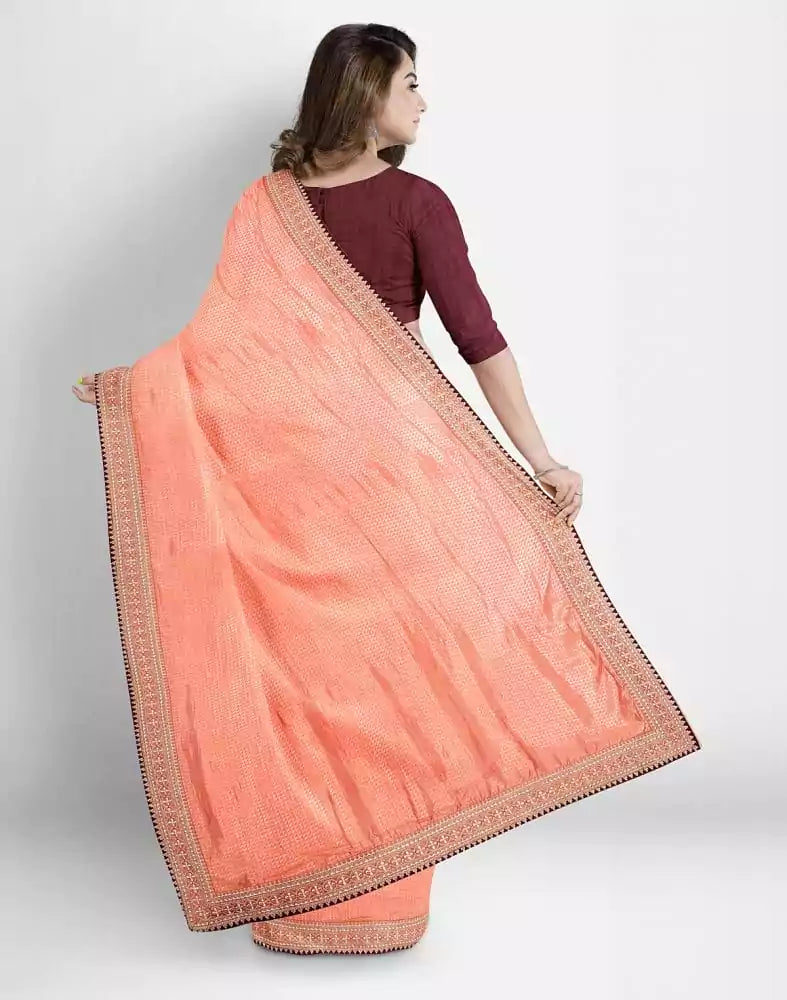 Image of Peach Self Design Plain Shimmer Fabric Saree