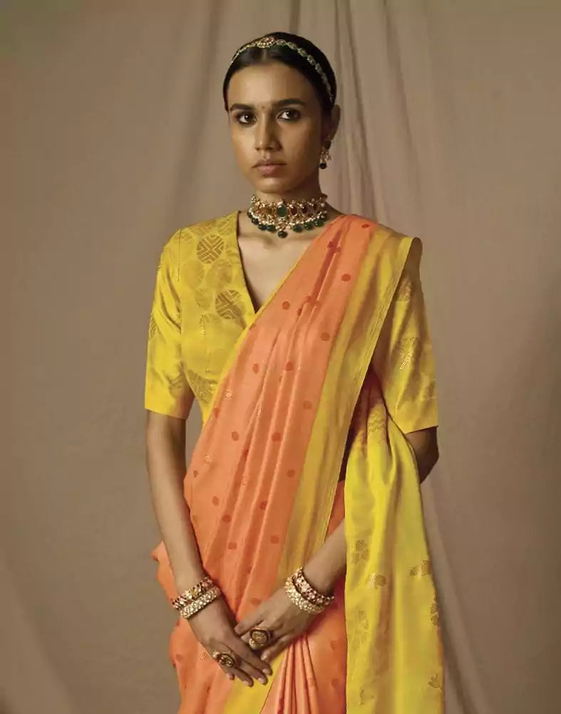 Image of Orange Geometric Soft Brasso Mica Print Saree