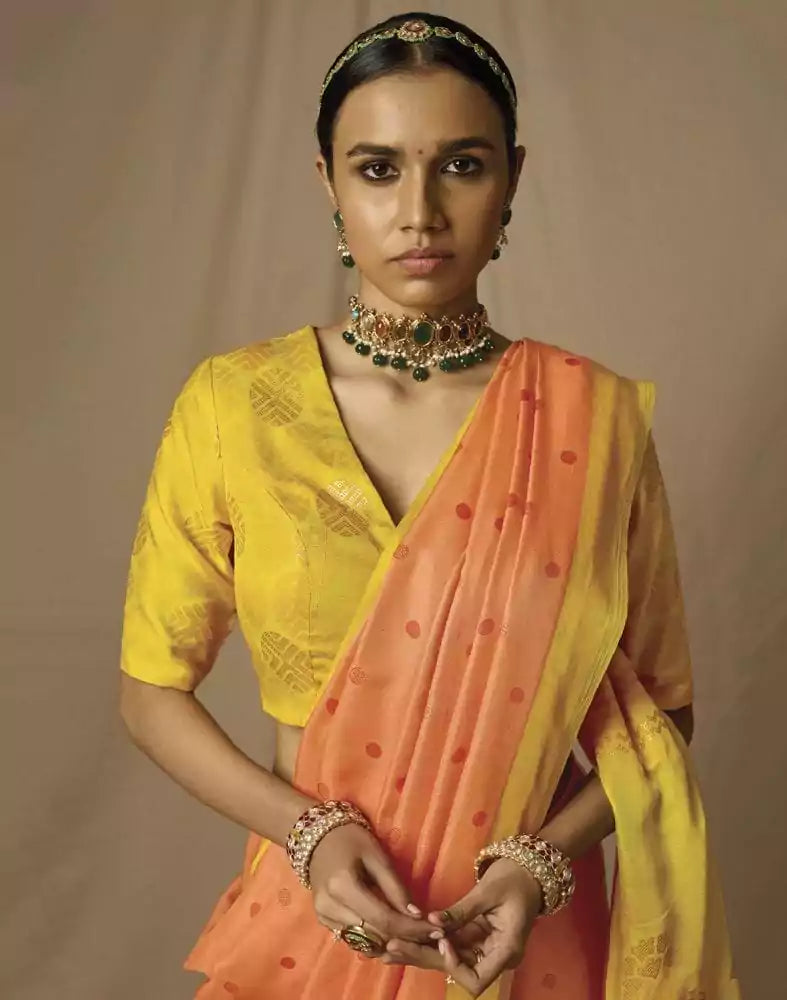 Image of Orange Geometric Soft Brasso Mica Print Saree