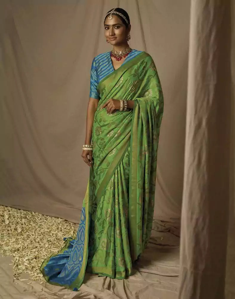Image of Light Green Floral Mica Print Soft Brasso Saree