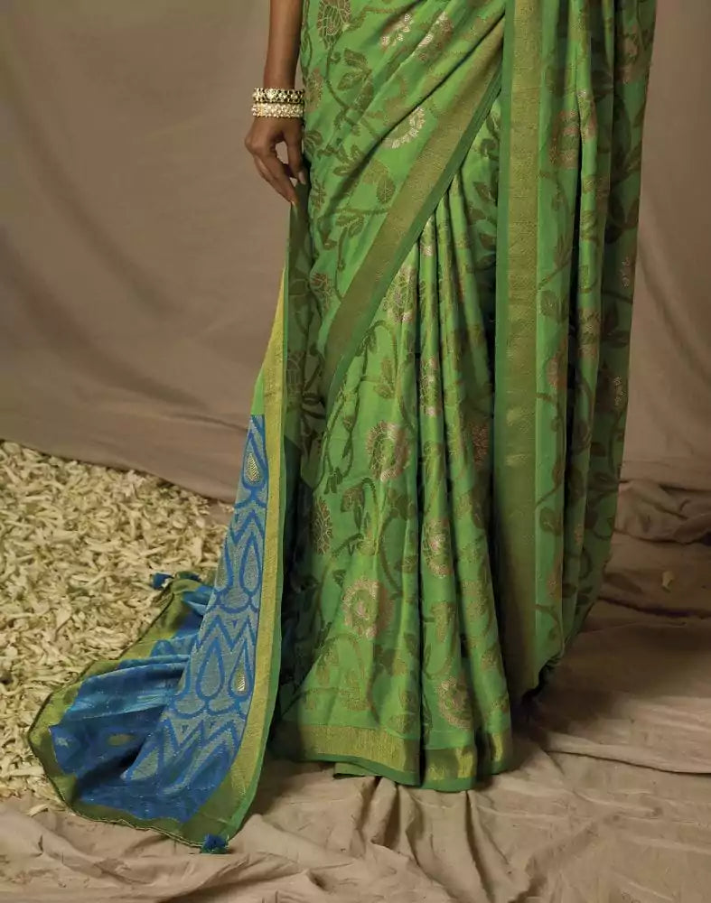 Image of Light Green Floral Mica Print Soft Brasso Saree