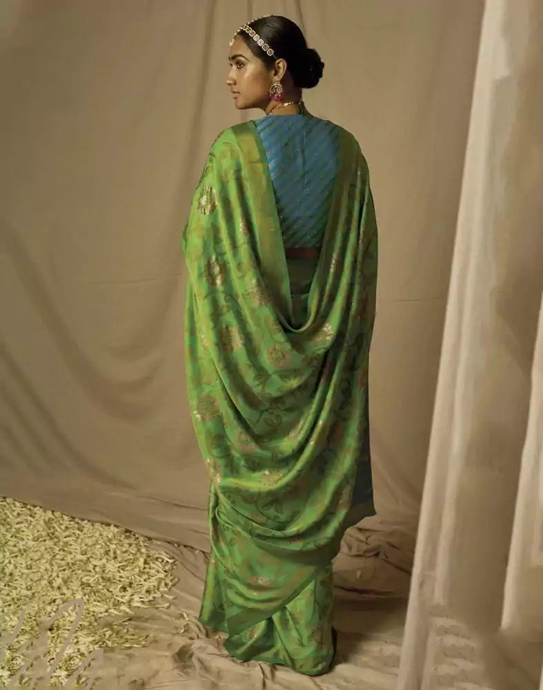 Image of Light Green Floral Mica Print Soft Brasso Saree