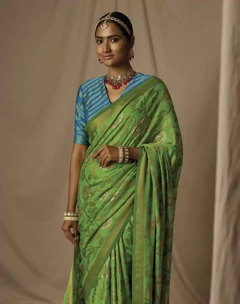 Image of Light Green Floral Mica Print Soft Brasso Saree