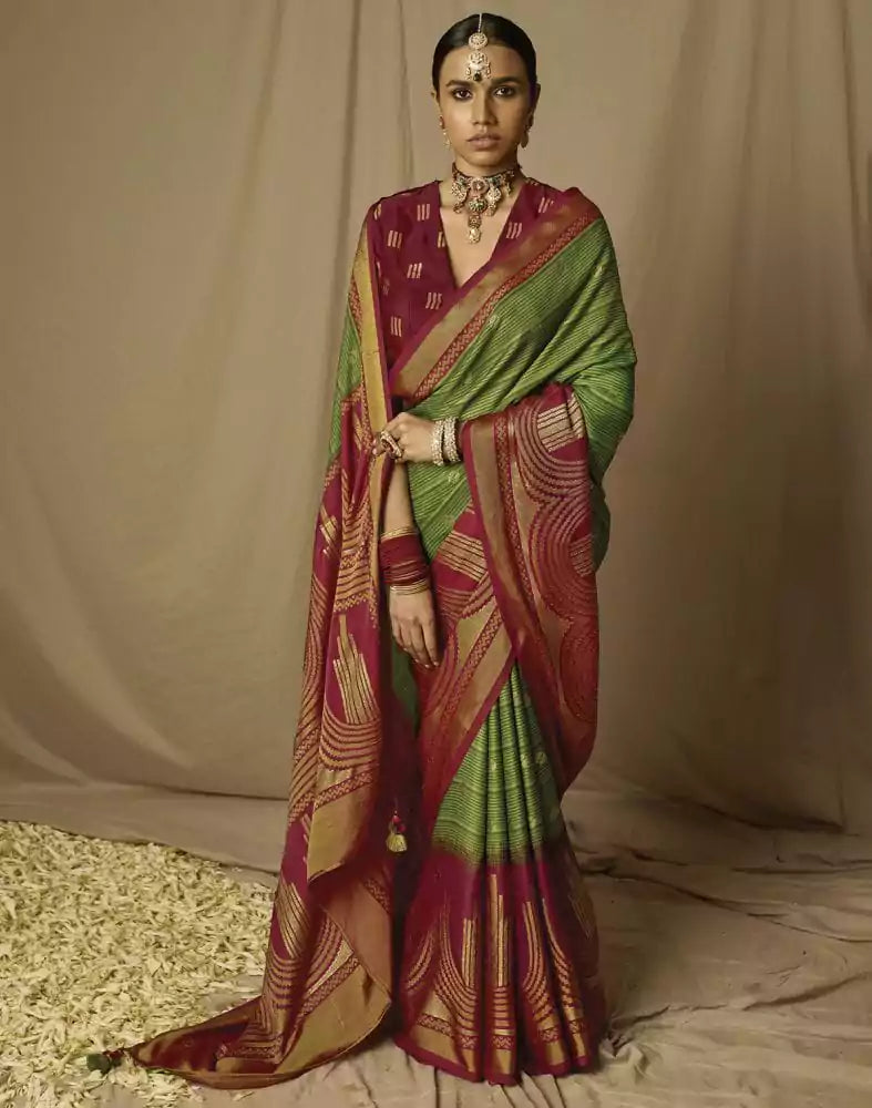 Image of Green Paisley Mica Print Soft Brasso Saree