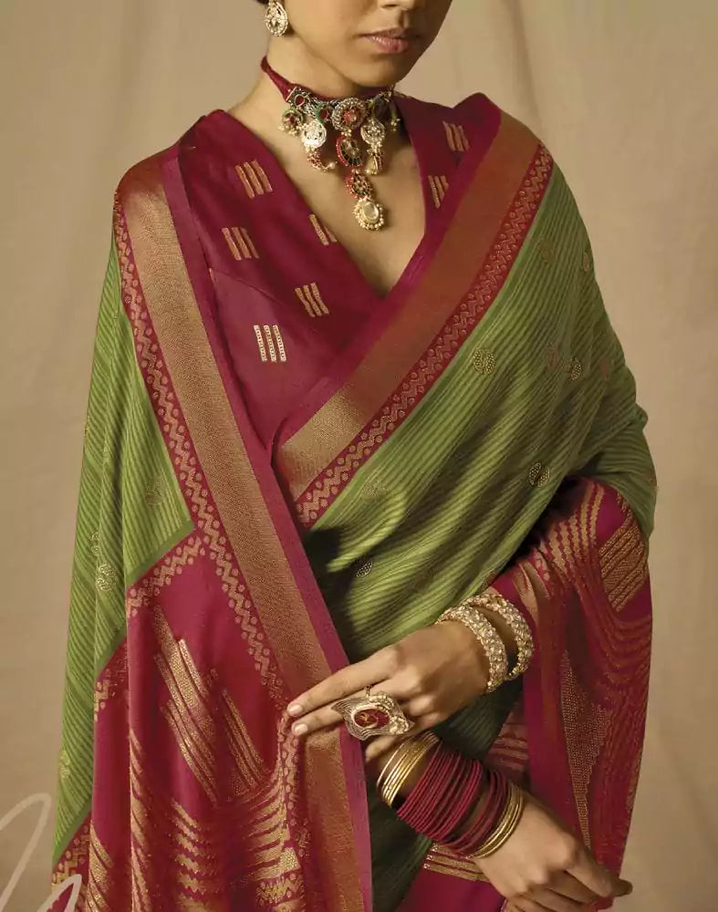 Image of Green Paisley Mica Print Soft Brasso Saree