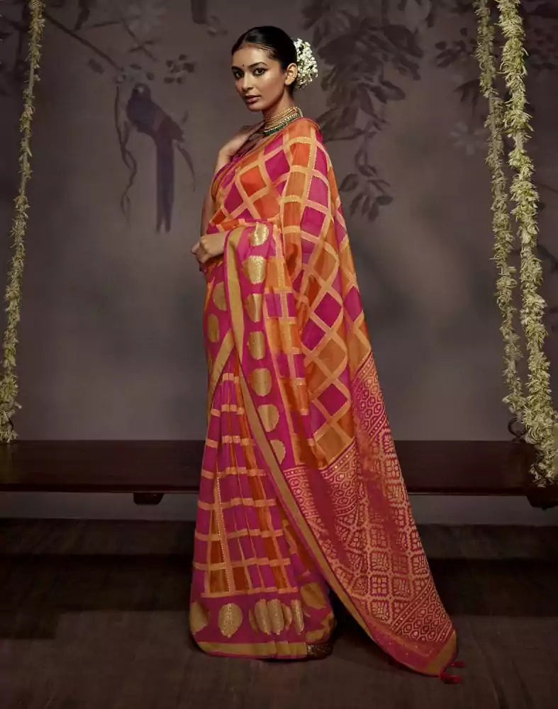 Image of Orange Coloured Soft Brasso Saree