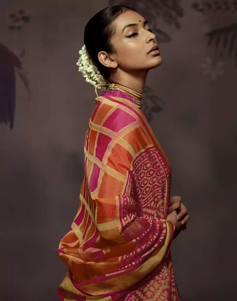 Image of Orange Coloured Soft Brasso Saree