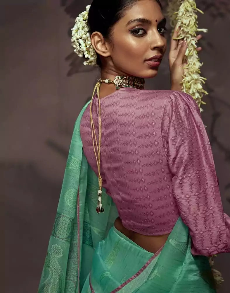 Image of Sea Green Botanical Print Soft Georgette Saree