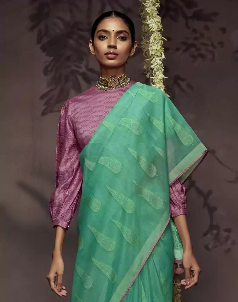 Image of Sea Green Botanical Print Soft Georgette Saree
