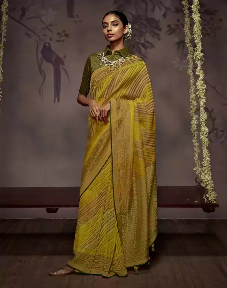 Image of Light Green Stripes Pattern Soft Brasso Saree