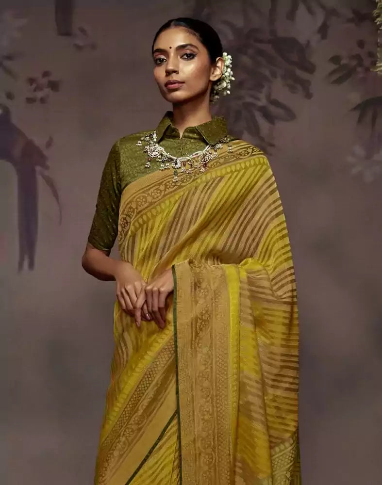 Image of Light Green Stripes Pattern Soft Brasso Saree