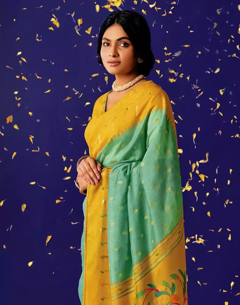 Image of Sea Green Mica Print Soft Brasso Saree