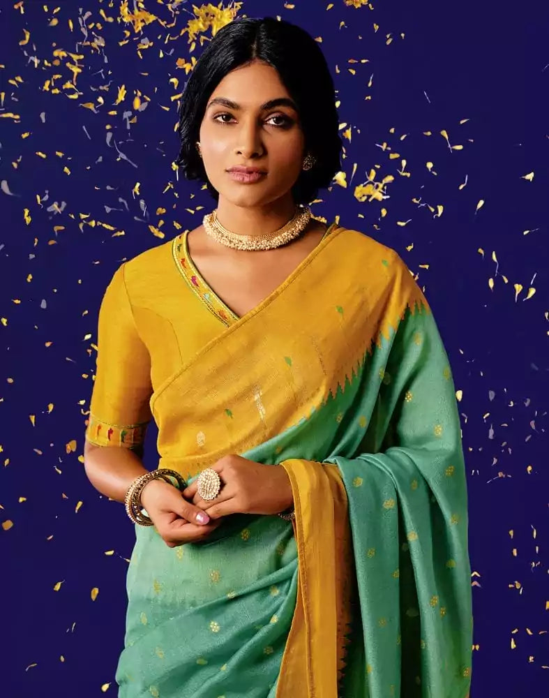 Image of Sea Green Mica Print Soft Brasso Saree