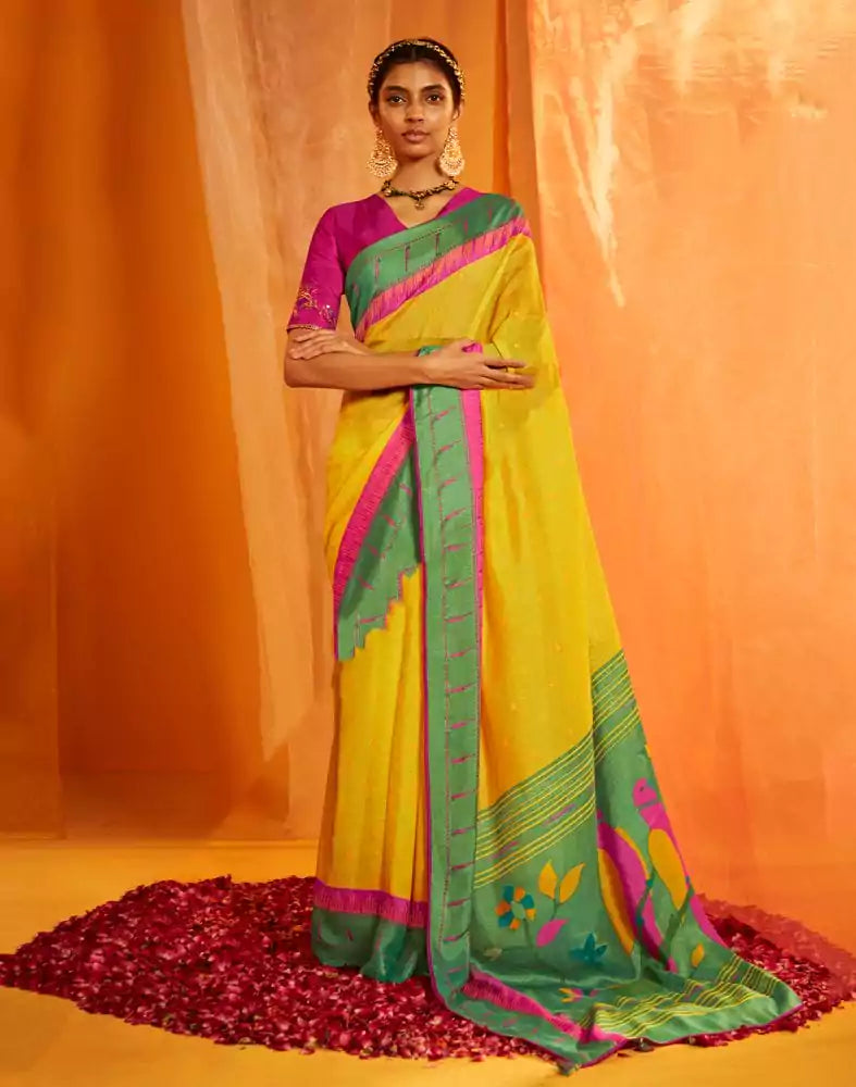 Image of Lemon Yellow Mica Print Chiffon Saree