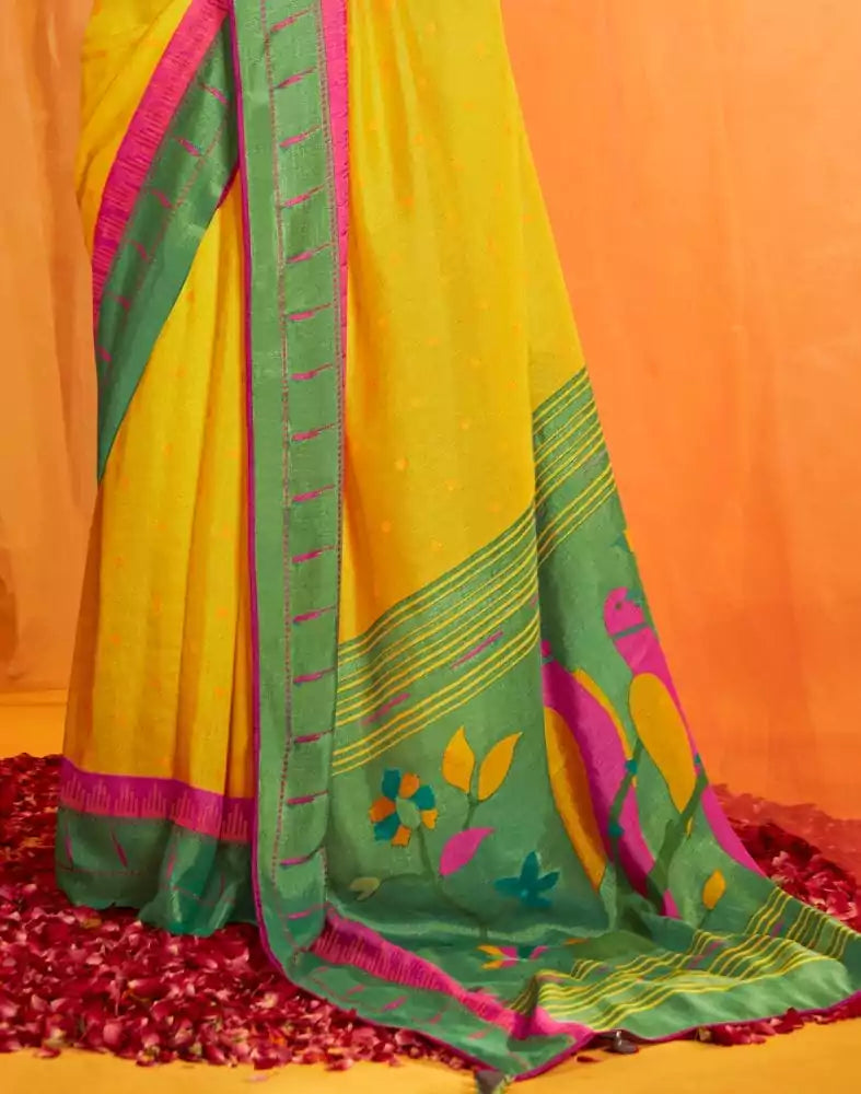 Image of Lemon Yellow Mica Print Chiffon Saree