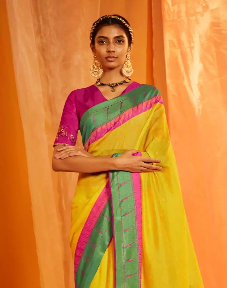 Image of Lemon Yellow Mica Print Chiffon Saree