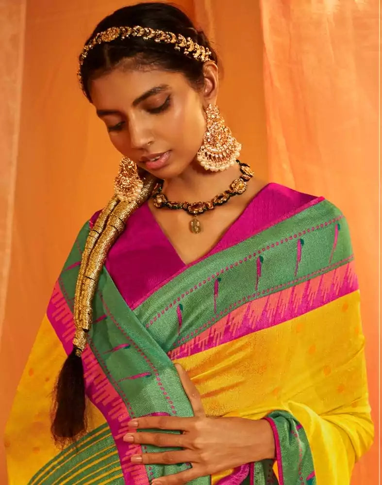 Image of Lemon Yellow Mica Print Chiffon Saree