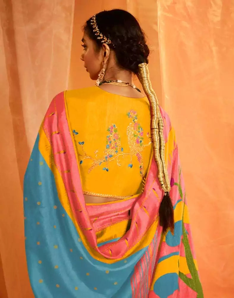 Image of Sky Blue Coloured Mica Print Chiffon Saree