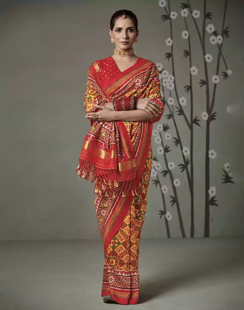 Image of Yellow Ikat Print Patan Patola Saree