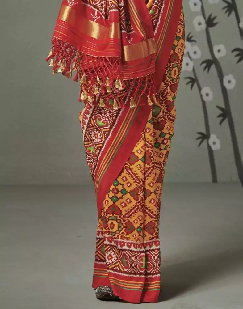 Image of Yellow Ikat Print Patan Patola Saree