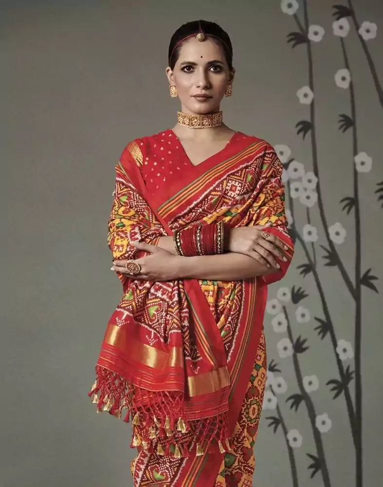 Image of Yellow Ikat Print Patan Patola Saree