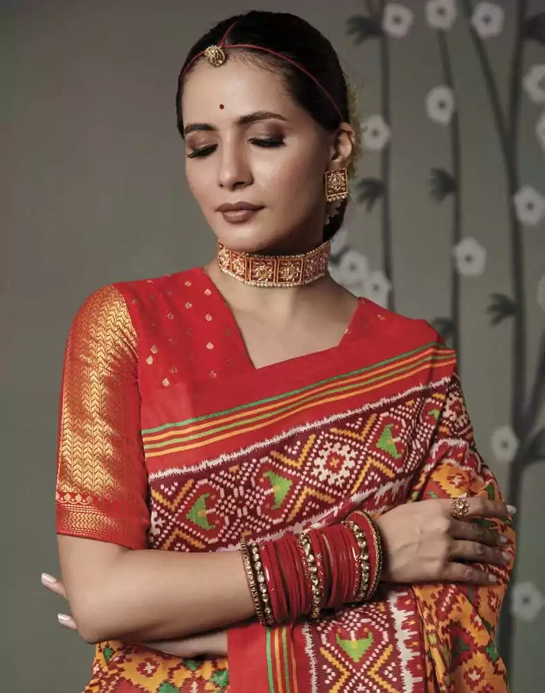 Image of Yellow Ikat Print Patan Patola Saree