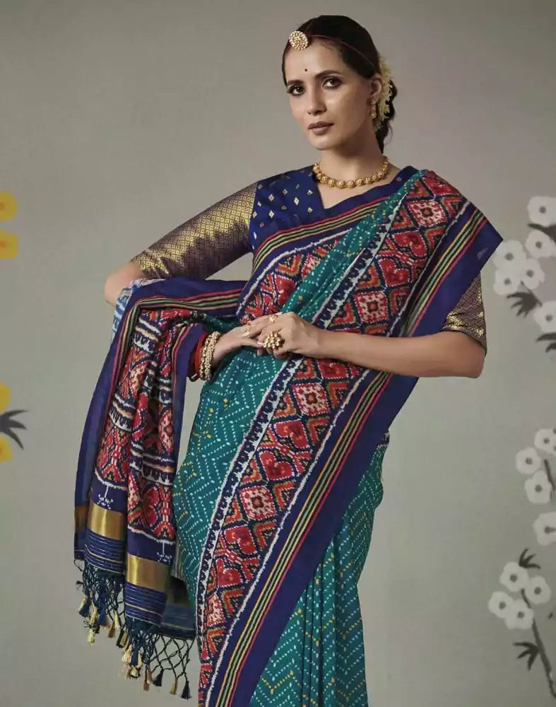 Image of Teal Blue Ikat Print Patan Patola Saree