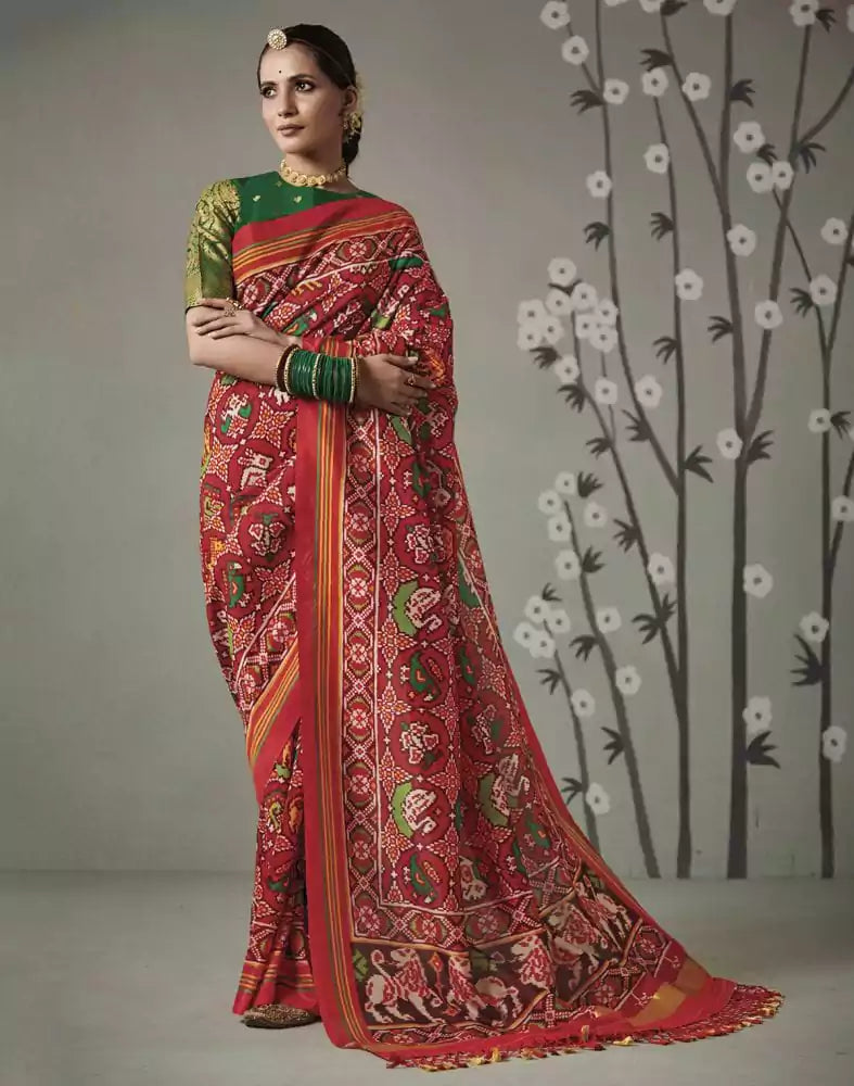 Image of Red Ikat Print Patan Patola Saree