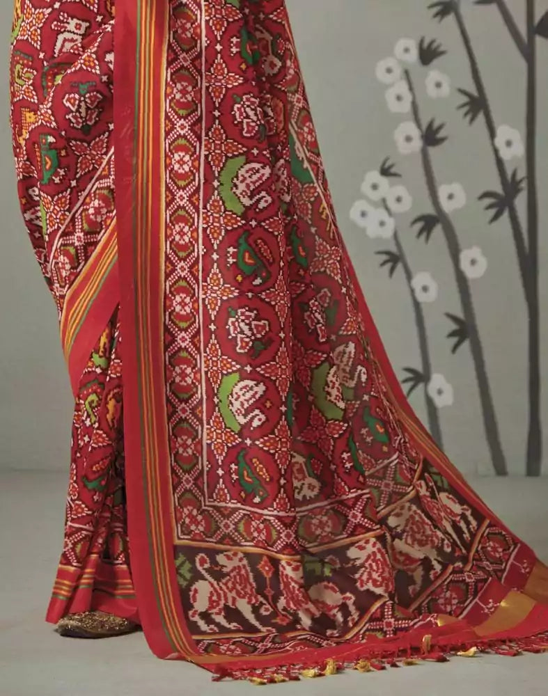 Image of Red Ikat Print Patan Patola Saree